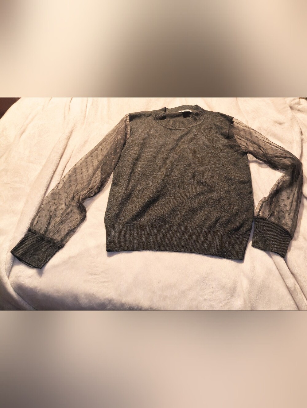 Gray Long Sleeve Sweater With Sheer Polka Dot Sleeves Size Large